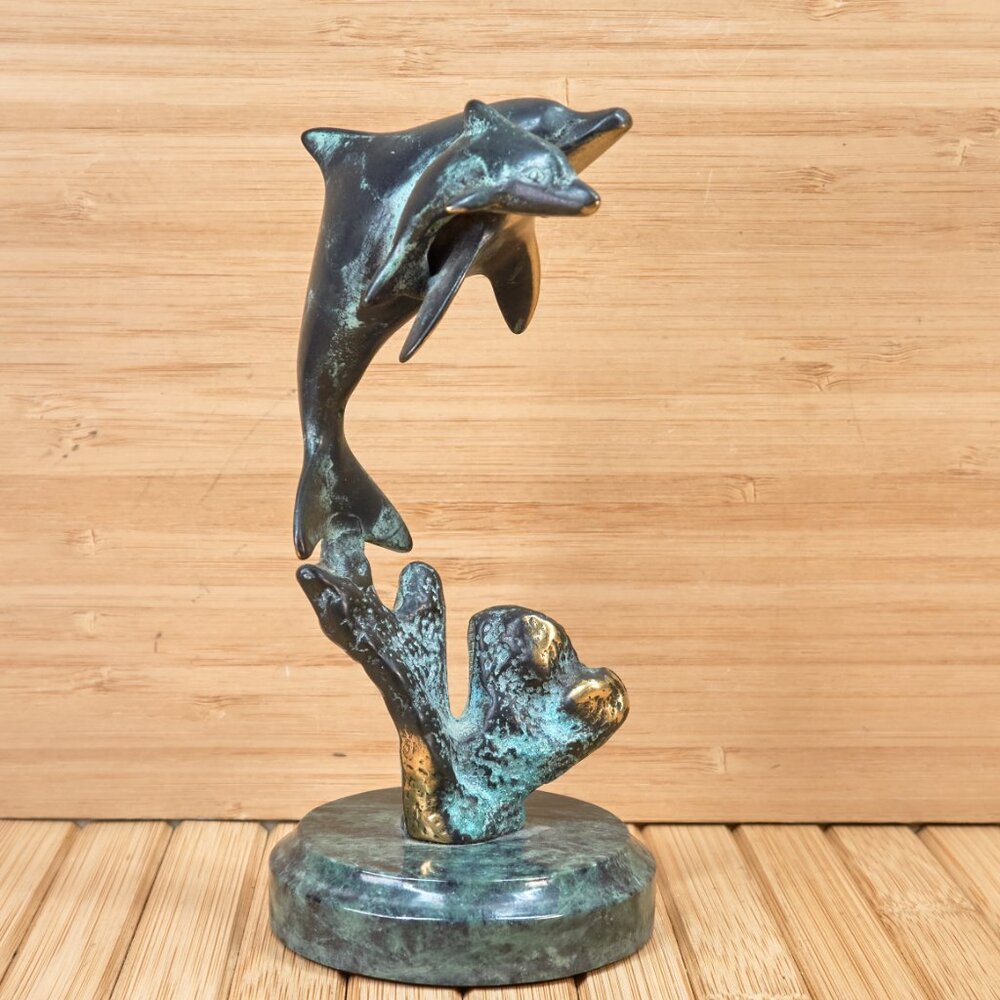 SPI Gallery Dolphin & Baby on Wave Sculpture Statue, 7" Brass Figurine with Base